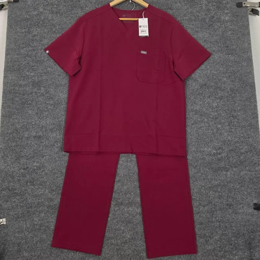 FIGS Scrub Set Men L/LT Tall Leon Top Cairo Zip Fly Pant Technical Burgundy Red